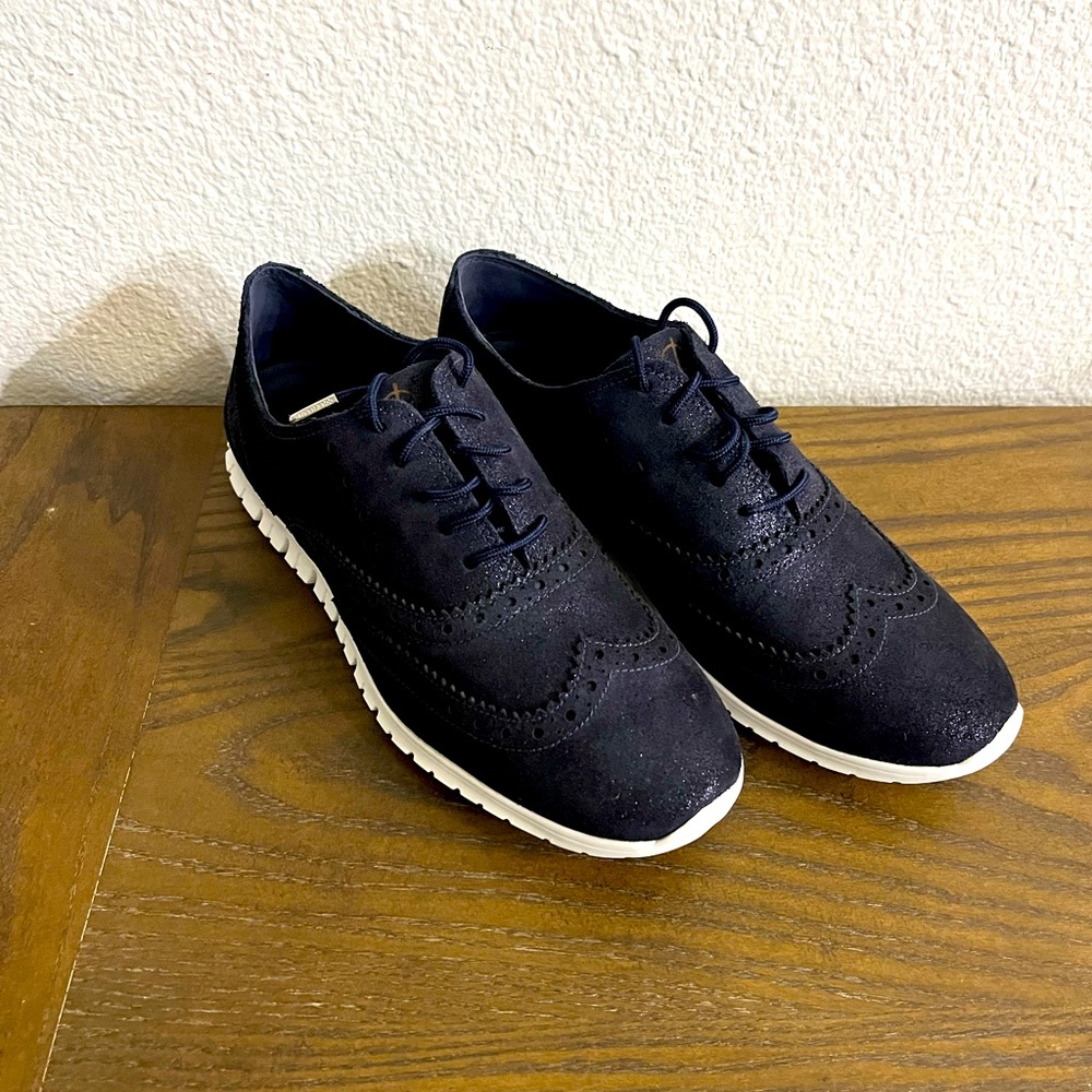 Cole haan zero grand wingtip in Blue suede metallic.